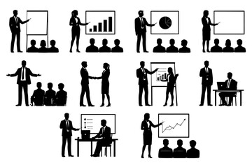 Silhouette business meeting presentation teamwork charts and graphs.