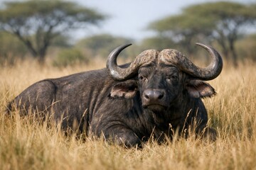 Obraz premium Majestic African Buffalo Resting in Tall Golden Grass Under a Clear Blue Sky