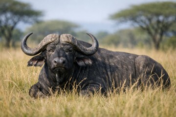 Majestic African Buffalo Resting in the Tall Grass Under a Clear Blue Sky