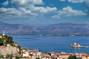 Acronafplia castle and Bourtzi Venetian water fortress, Old town Nafplio, Peloponnese, Greece,summertime