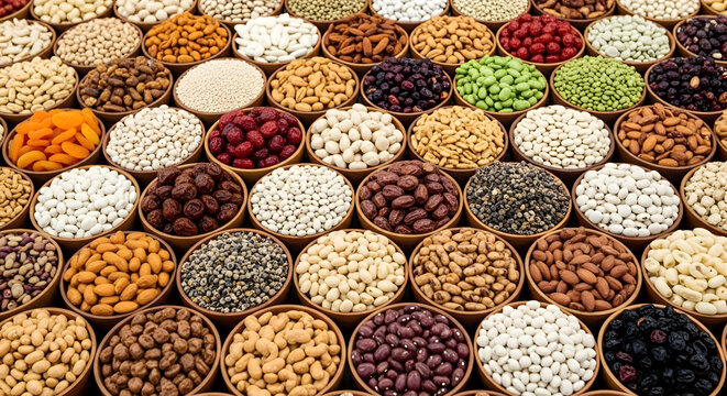 Assorted bowls of legumes grains and seeds on display showcasing various textures and colors for culinary or nutritional concepts