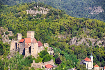 Aerial view of medieval castle Hardegg and church