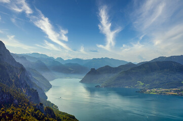 Lake Traun Traunsee and mountains in Upper Austria landscapes, Austria, summer season