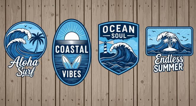 Set of vintage surf beach themed emblems on a rustic wooden background with text Aloha Surf, Coastal Vibes, Ocean Soul, and Endless Summer.