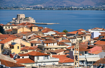 Old town Nafplio and Bourtzi Venetian water fortress Peloponnese, Greece,summertime