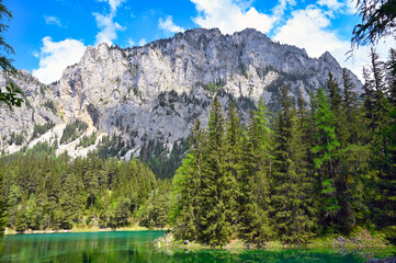 The Green Lake and mountains in Styria, Austria, landscape springtime