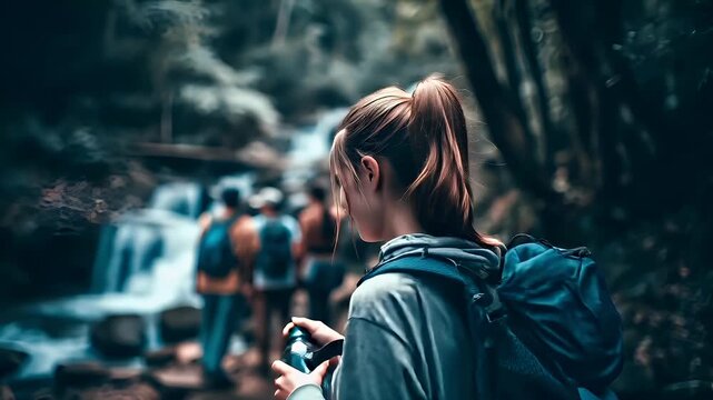 Explore adventure journey achievement outdoor in National Park. A woman with a backpack standing in front of a cascading waterfall, surrounded by a lush forest. The background is slightly blurred.