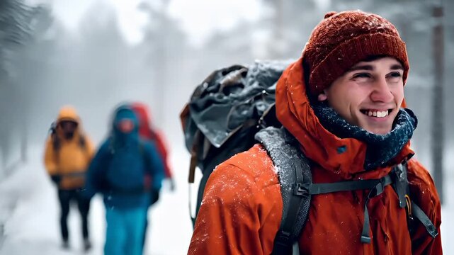 Explore adventure journey achievement outdoor in National Park. A man in a red jacket and hat walking through a snowcovered forest. The background is blurred.
