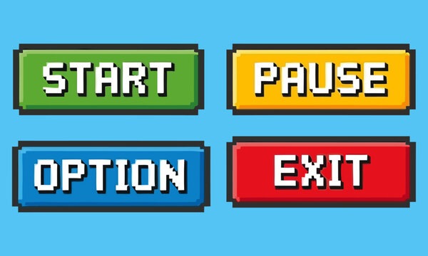 Retro Pixel Art Game Button Set Featuring Start, Pause, Exit, and Option Commands, Colorful 8-Bit UI Elements for Video Game Interface Design, Indie Game Asset Pack Isolated on Blue Background