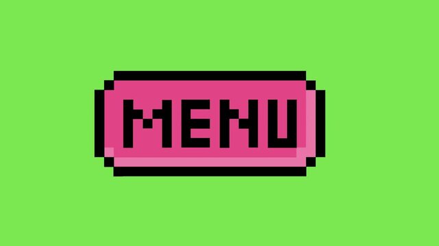Pink pixel art menu button with sharp black outlines on a bright green background. This retro game interface element is ideal for digital navigation and selection