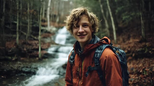 Explore adventure journey achievement outdoor in National Park. A young man with a backpack standing in front of a cascading waterfall in a forest. The background is slightly blurred.