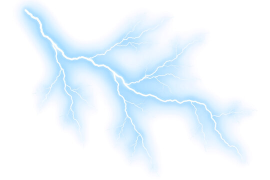 A bright blue lightning bolt strikes in the dark night sky
