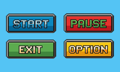 Retro Pixel Art Game Button Set Featuring Start, Pause, Exit, and Option Commands, Colorful 8-Bit UI Elements for Video Game Interface Design, Indie Game Asset Pack Isolated on Blue Background