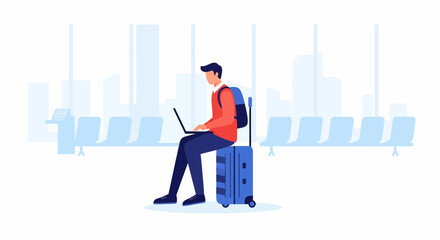 Man Working on Laptop atop Suitcase in Calm Airport Waiting Area &ndash; A Calm, Minimalist Illustration of Travel