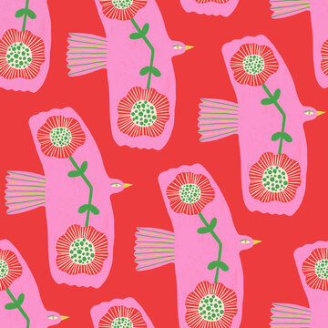 Pattern with flying birds floral decorated