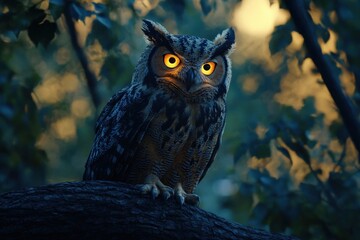 Watchful owl with glowing yellow eyes perched on a branch in a moonlit forest
