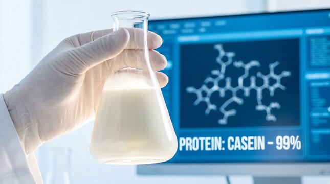 Scientist Holds Flask of Milk With Casein Protein Molecule Displayed on Computer Screen
