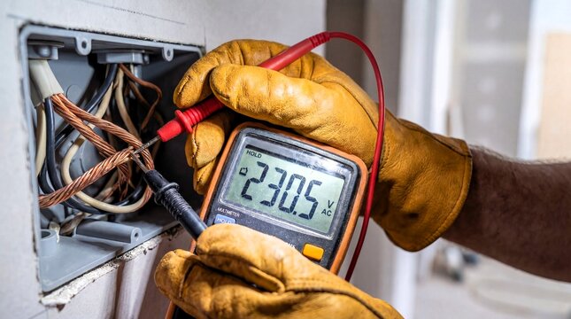 Electrician wearing yellow gloves uses a multimeter to check voltage on exposed copper wires inside a junction box, measuring 230.5 volts AC.