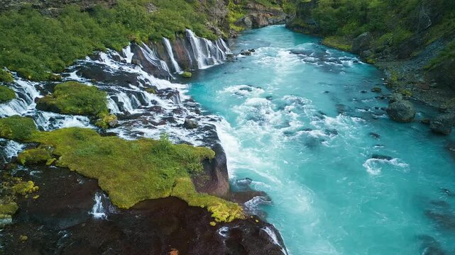 Aerial drone view of Barnafoss and Hraunfossars waterfall in west Iceland