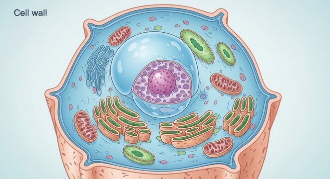 Detailed illustration of a cell wall with organelles and nucleus