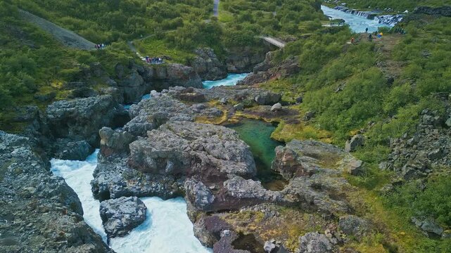 Aerial drone view of Barnafoss and Hraunfossars waterfall in west Iceland