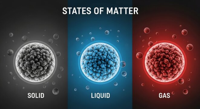 States of matter concept with solid, liquid, gas molecular structures