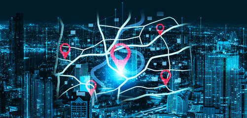 Concept of location tracking and GPS navigation. Map with pins marking a destination and points of interest for travel, delivery routes, or finding a specific address. Fermion