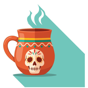 A traditional clay mug with a sugar skull design, perfect for day of the dead celebration