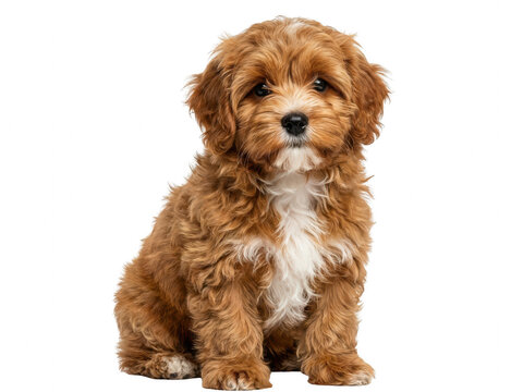 Adorable fluffy reddish brown puppy sitting in a dark studio setting