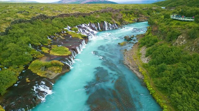 Aerial drone view of Barnafoss and Hraunfossars waterfall in west Iceland