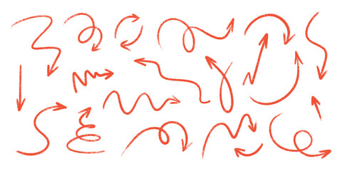 Crayon arrow hand drawn vector with brush chalk and pencil line sketch icons. Rough doodle scribble stroke in marker style. Fun grunge pastel element texture with handwritten wave and paint design