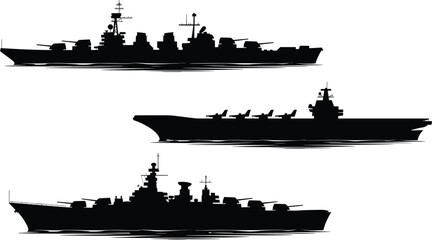 Naval warship silhouette collection illustration, battleship destroyer and aircraft carrier profiles, military fleet vector isolated on white background sea defense © New World