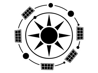 Black Silhouette Icon of Solar Energy System Set with Sun and Panel