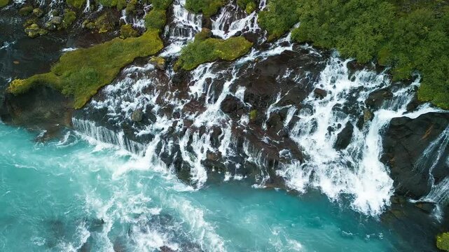 Aerial drone view of Barnafoss and Hraunfossars waterfall in west Iceland