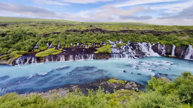 Aerial drone view of Barnafoss and Hraunfossars waterfall in west Iceland