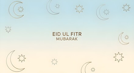 Obraz premium Eid Ul Fitr Mubarak: Golden Crescent Moons and Stars Adorn a Soft Blue and Beige Canvas — A Serene Celebration of Faith, Light, and the Joyful Spirit of Ramadan’s Sacred Farewell