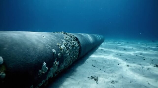 Underwater industrial pipeline on sandy seabed in clear blue ocean water