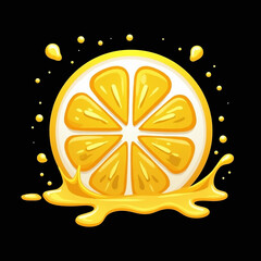 Fototapeta premium Design with sliced lemon, fruit juice splashes and drops isolated on black background. Fashionable print for paper, t-shirt, fruit juice, ice cream, mandarine yogurt, lemonade, food packaging. 