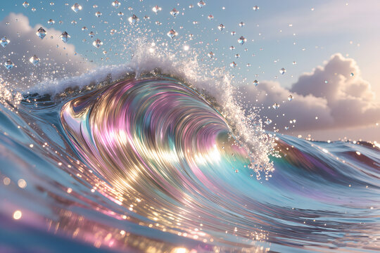 Abstract Iridescent Liquid Glass Ocean Wave Breaking with Pastel Colors. A stunning 3D render of a surreal ocean wave made of holographic liquid glass.