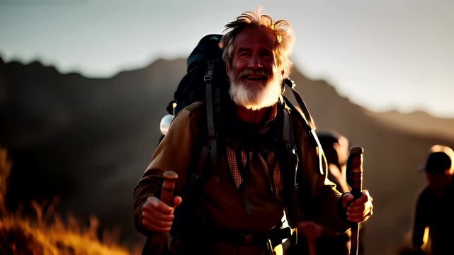 Explore adventure journey achievement outdoor in National Park. A man with a beard and a backpack, holding a walking stick, against a blurred background.