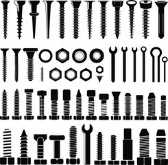 A comprehensive collection of fastener hardware, bolts, screws, nuts, and tools silhouettes