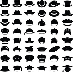 A collection of black silhouette icons of various types of hats and caps.