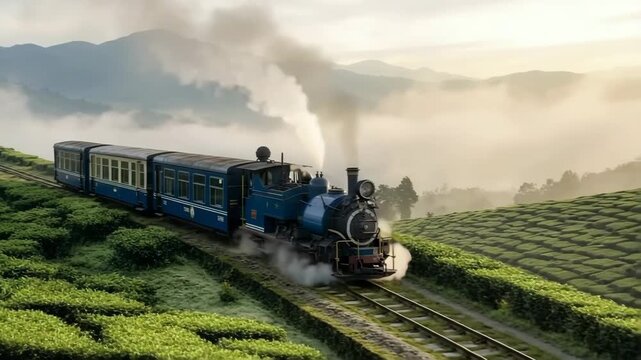 darjeeling himalayan railway toy train winding through tea terraces video