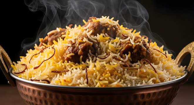 A steaming, rich mutton biryani, beautifully layered with tender meat and fragrant basmati rice.
