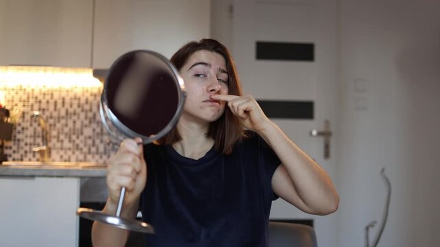 Young woman runs finger along nose in mirror unhappy with its shape considering plastic surgery decision honest moment of doubt home beauty self perception
