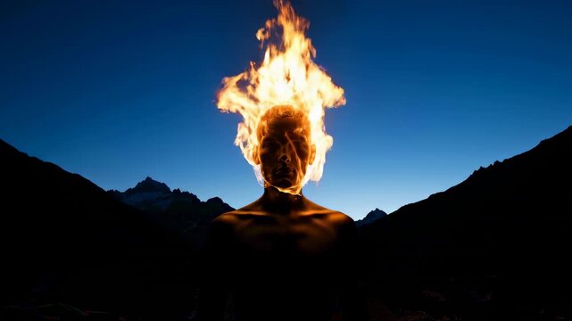 This is a surreal image of a humanoid figure whose head is composed entirely of fire