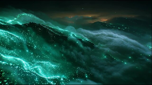 Bioluminescent Waves Glowing Green in the Dark Ocean.
