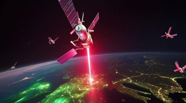 Satellite firing laser beam at planet Earth from outer space  