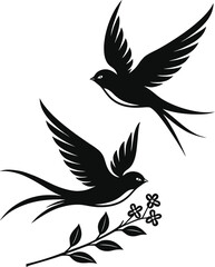 Fototapeta premium Two black swallows in flight with a delicate branch of flowers and leaves