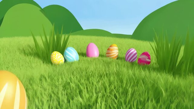 Pastel easter egg display with blue sky and grass fields background showcasing colorful eggs.